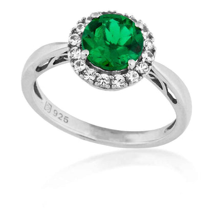 Created Round Emerald & White Sapphire Halo Ring in Sterling Silver