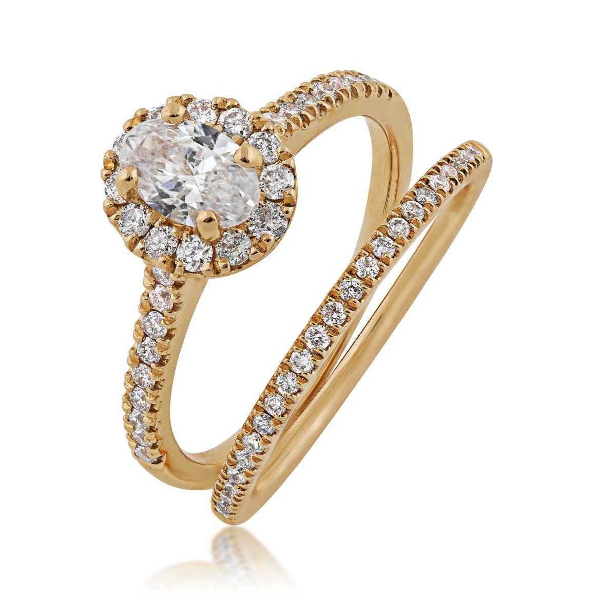 Natural 1 ct. tw. Oval Halo Diamond Wedding Set in 14K Yellow Gold close-up detail