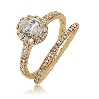 Natural 1 ct. tw. Oval Halo Diamond Wedding Set in 14K Yellow Gold close-up detail