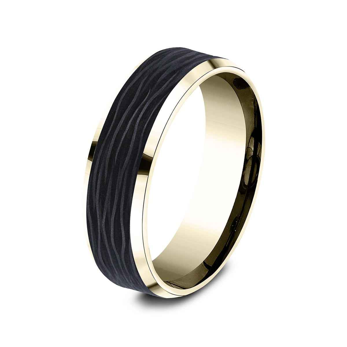 Benchmark Men's 7mm Beveled Edge Wedding Ring in 14K Yellow Gold & Carbon Fiber
