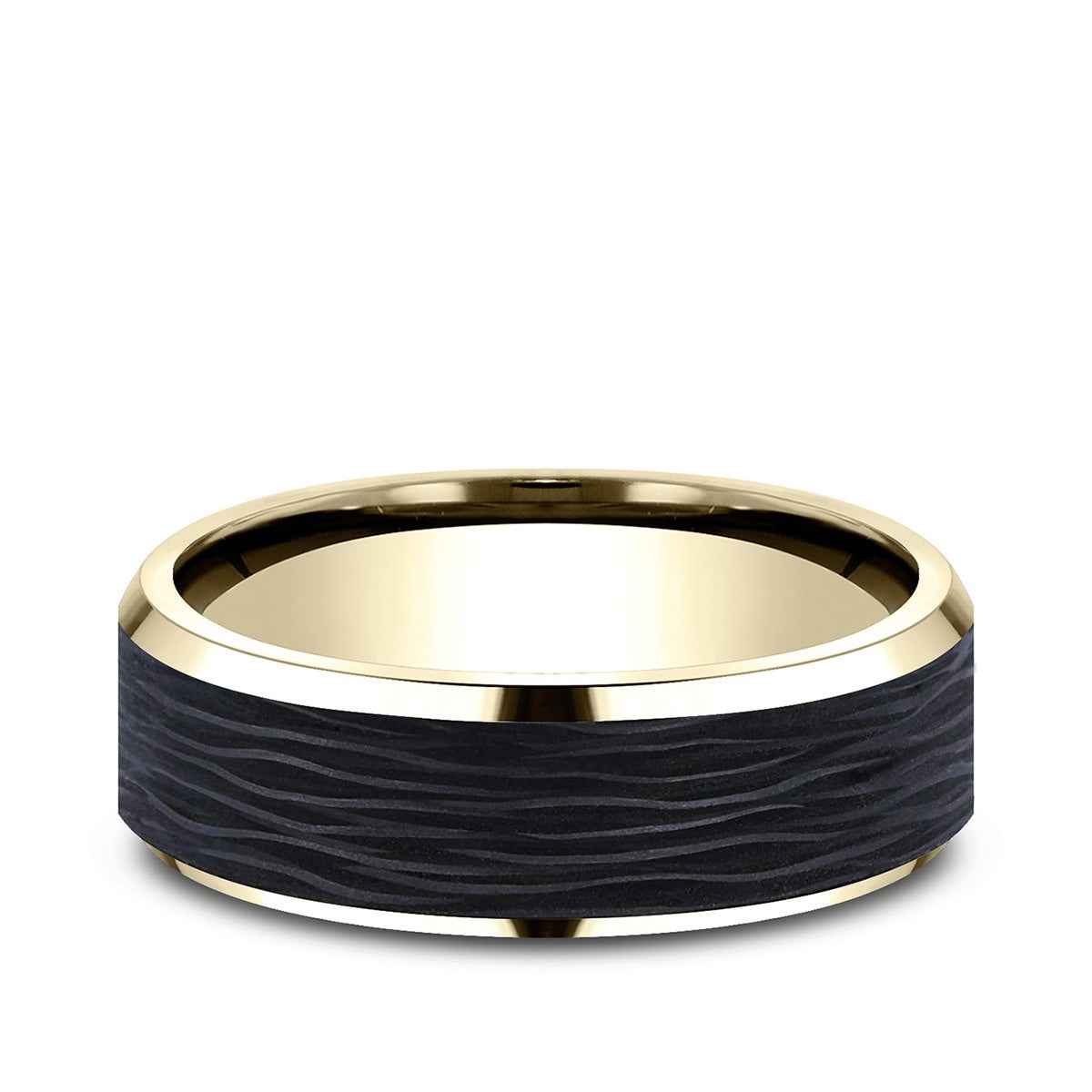 Benchmark Men's 7mm Beveled Edge Wedding Ring in 14K Yellow Gold & Carbon Fiber