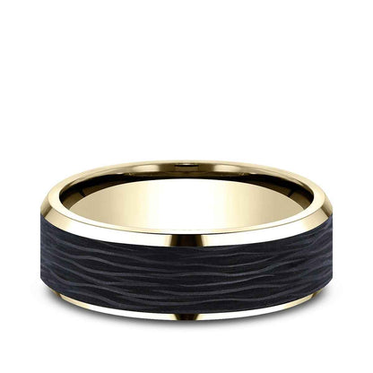 Benchmark Men's 7mm Beveled Edge Wedding Ring in 14K Yellow Gold & Carbon Fiber