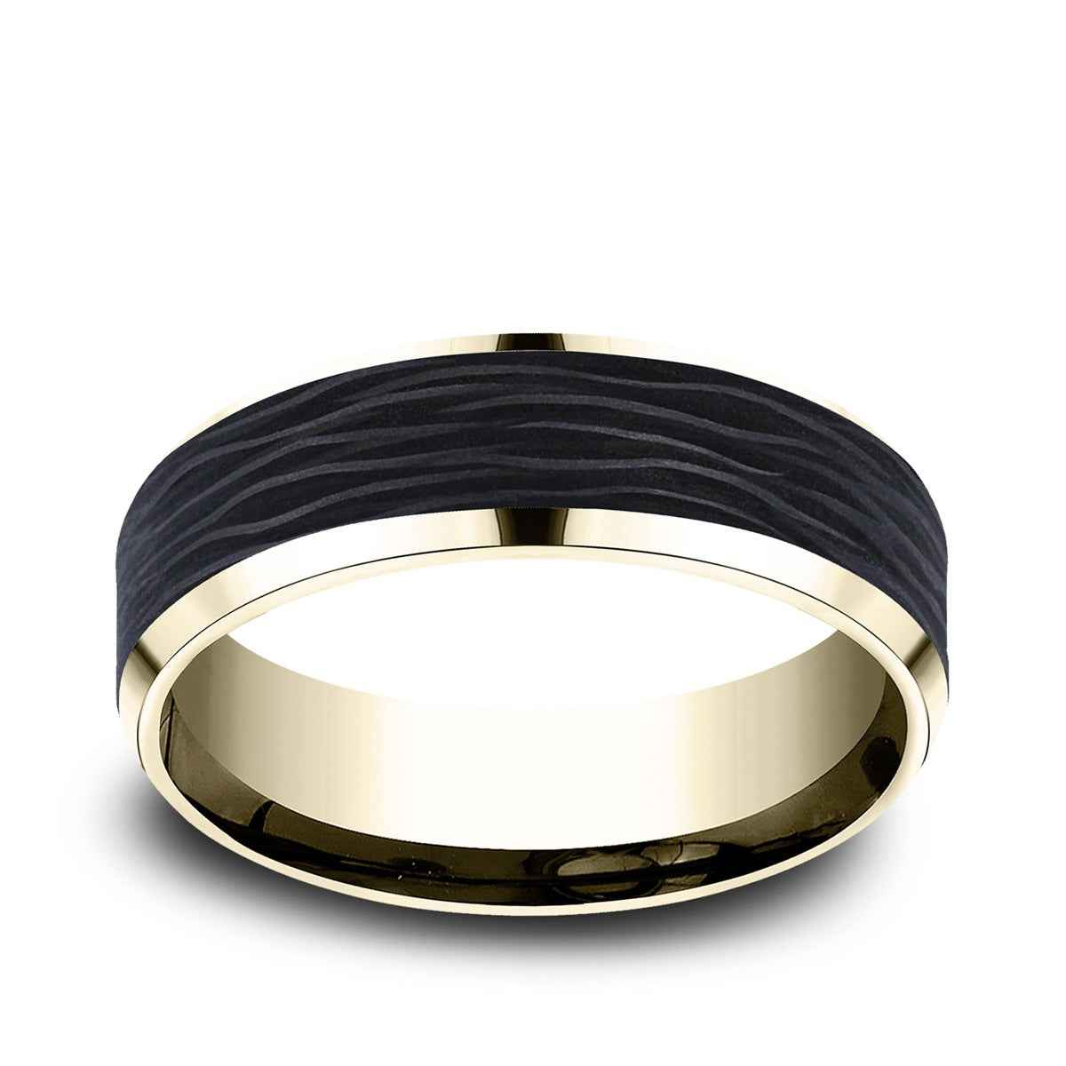 Benchmark Men's 7mm Beveled Edge Wedding Ring in 14K Yellow Gold & Carbon Fiber