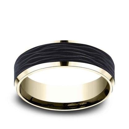Benchmark Men's 7mm Beveled Edge Wedding Ring in 14K Yellow Gold & Carbon Fiber