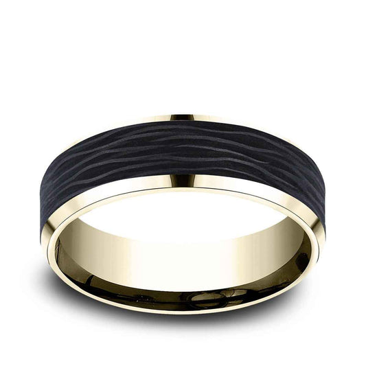Benchmark Men's 7mm Beveled Edge Wedding Ring in 14K Yellow Gold & Carbon Fiber