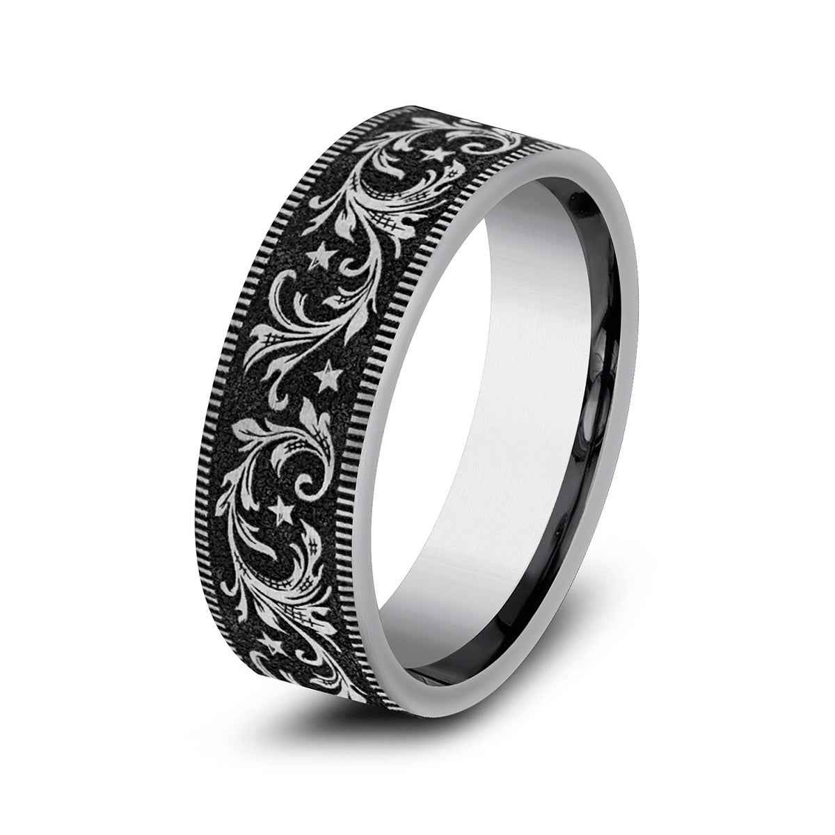 Benchmark Men's 7mm Milgrain Edge Barrel Script Wedding Ring in Tungsten