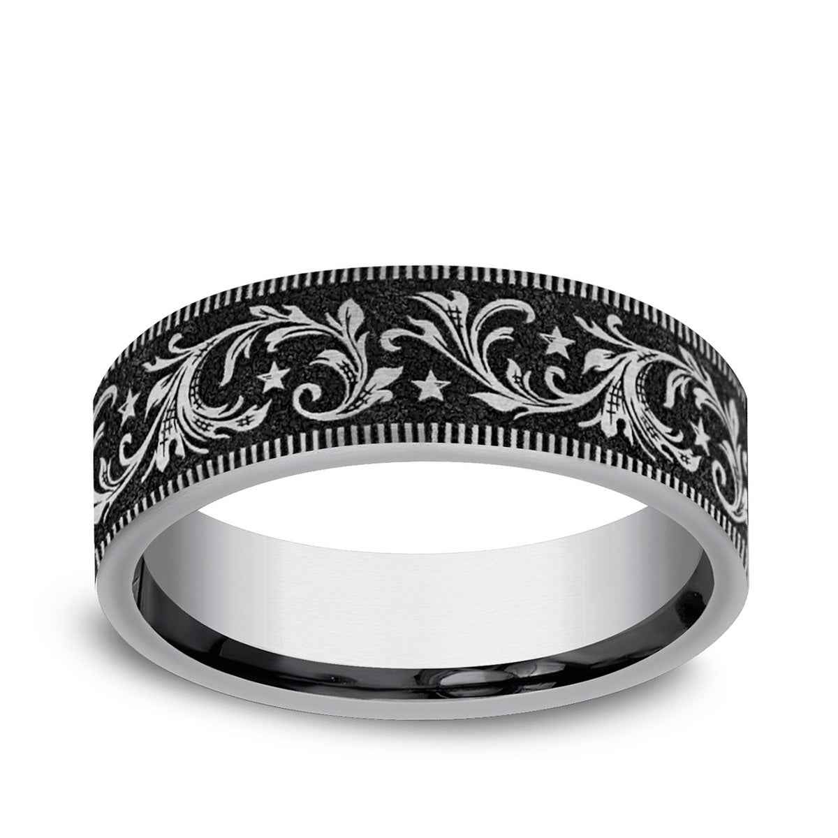 Benchmark Men's 7mm Milgrain Edge Barrel Script Wedding Ring in Tungsten