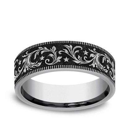 Benchmark Men's 7mm Milgrain Edge Barrel Script Wedding Ring in Tungsten