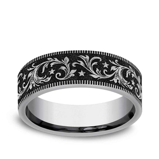 Benchmark Men's 7mm Milgrain Edge Barrel Script Wedding Ring in Tungsten