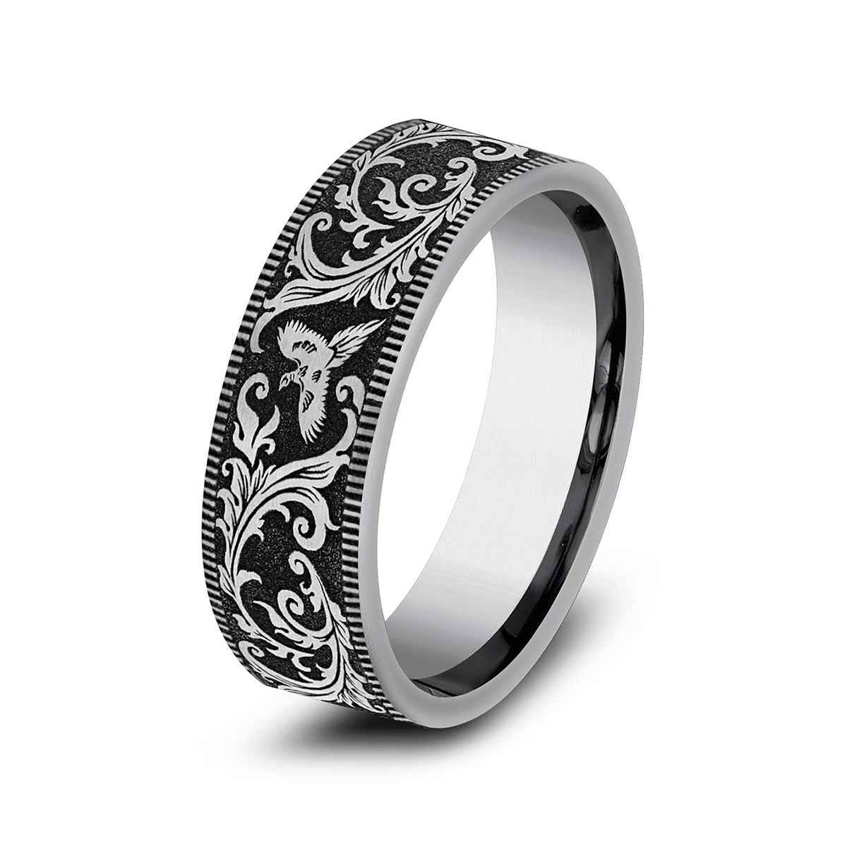 Benchmark Men's 7mm Milgrain Edge Pheasant Scroll Wedding Ring in Tungsten