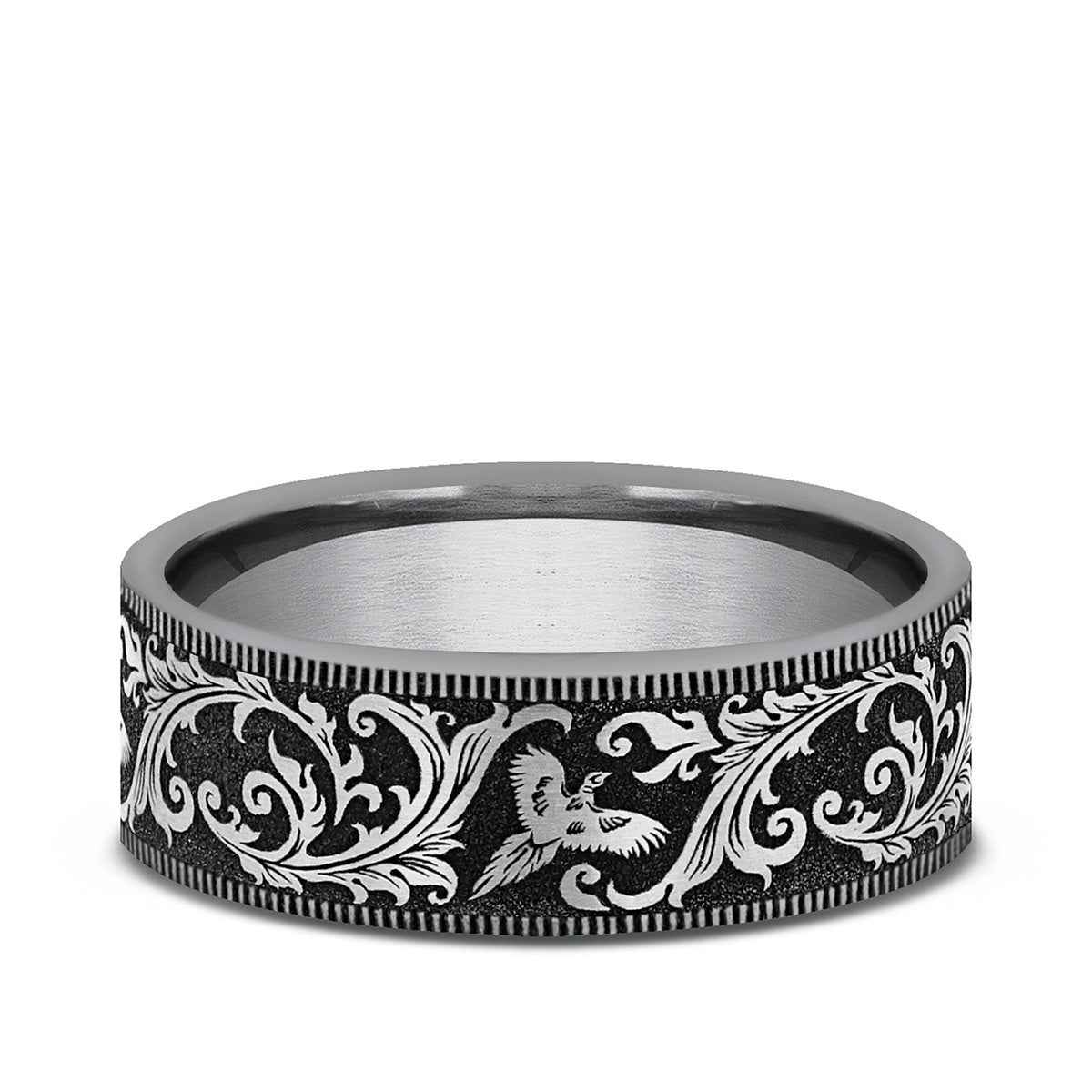 Benchmark Men's 7mm Milgrain Edge Pheasant Scroll Wedding Ring in Tungsten