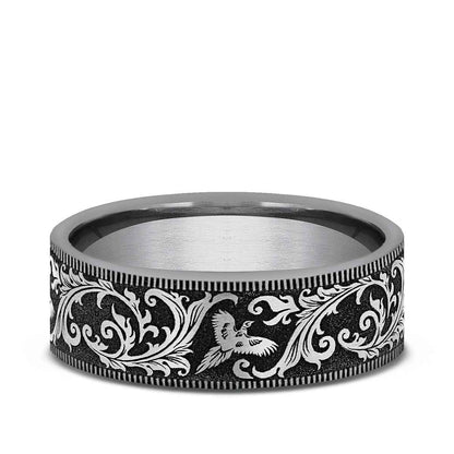 Benchmark Men's 7mm Milgrain Edge Pheasant Scroll Wedding Ring in Tungsten