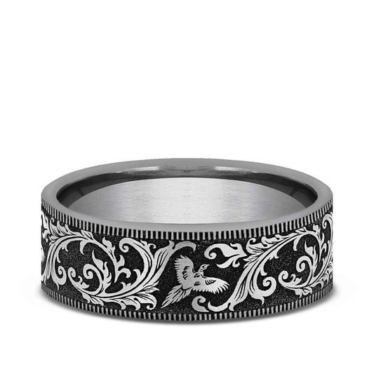 Benchmark Men's 7mm Milgrain Edge Pheasant Scroll Wedding Ring in Tungsten