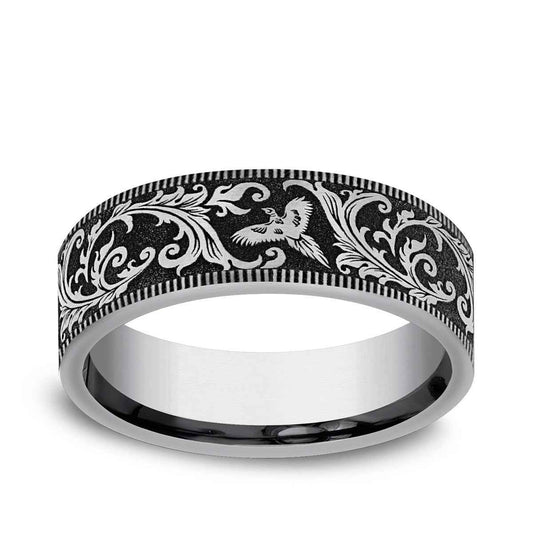 Benchmark Men's 7mm Milgrain Edge Pheasant Scroll Wedding Ring in Tungsten