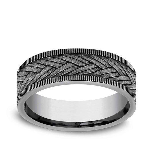 Benchmark Men's 7mm Milgrain Edge Wheat Weave Wedding Ring in Grey Tantalum
