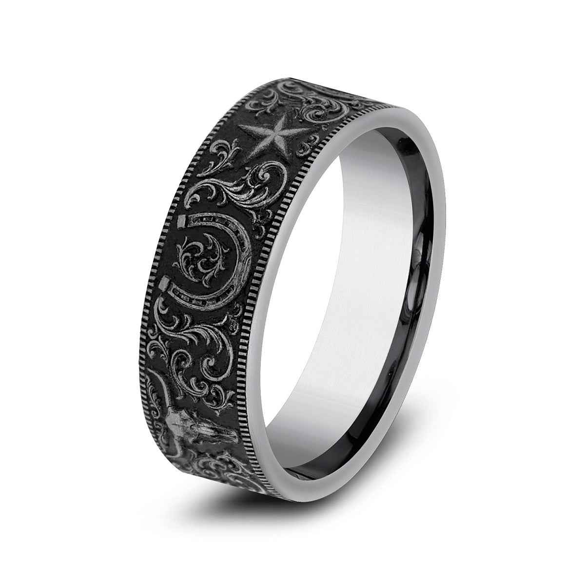Benchmark Men's 7mm Milgrain Edge Western Script Wedding Ring in Tungsten