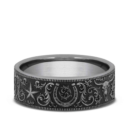 Benchmark Men's 7mm Milgrain Edge Western Script Wedding Ring in Tungsten