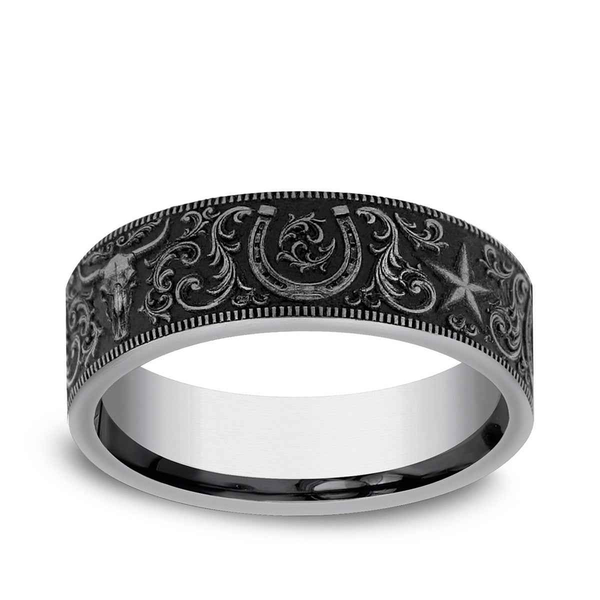 Benchmark Men's 7mm Milgrain Edge Western Script Wedding Ring in Tungsten