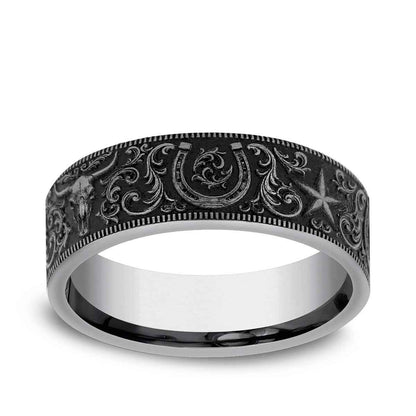 Benchmark Men's 7mm Milgrain Edge Western Script Wedding Ring in Tungsten