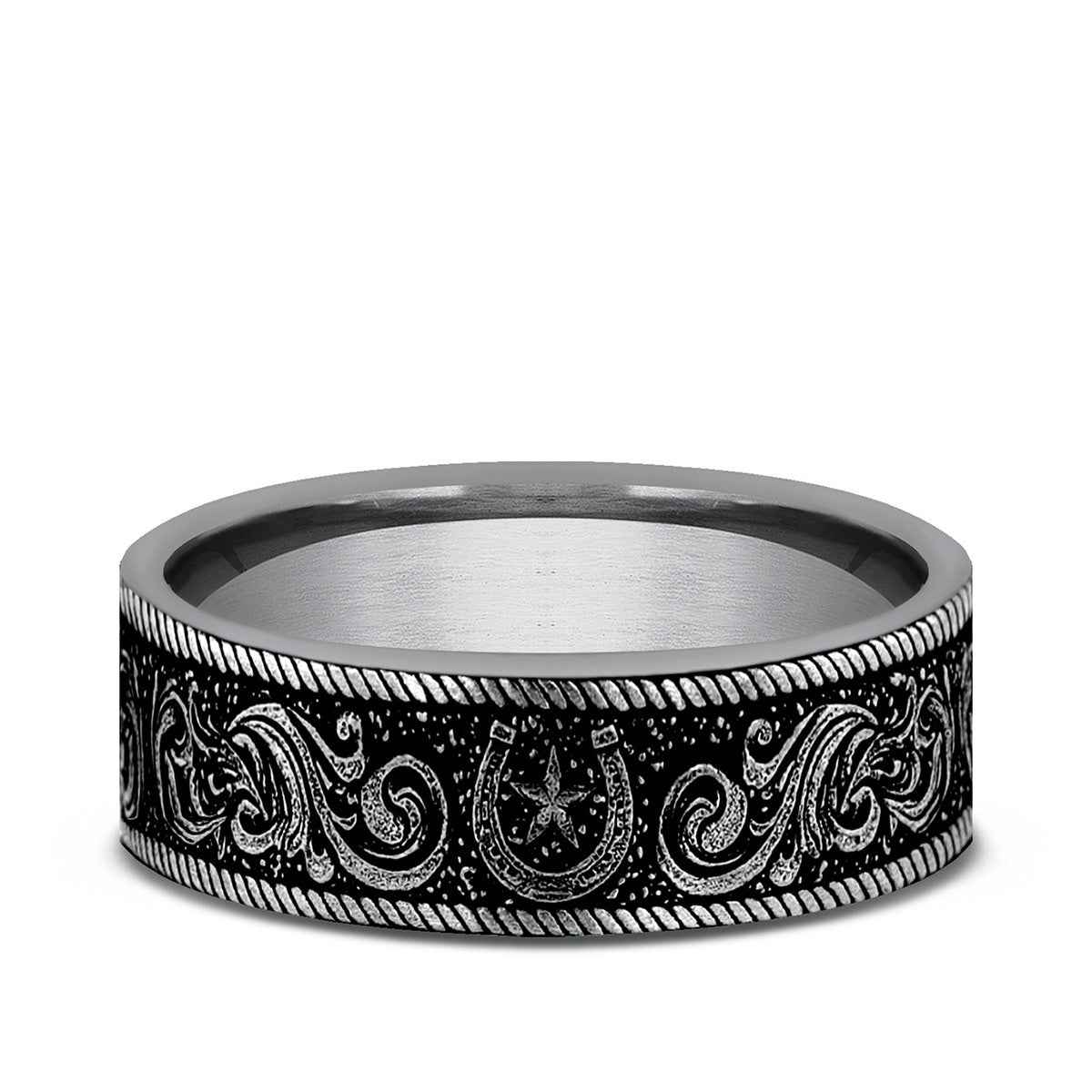 Benchmark Men's 7mm Horseshoe Script Wedding Ring in Tungsten