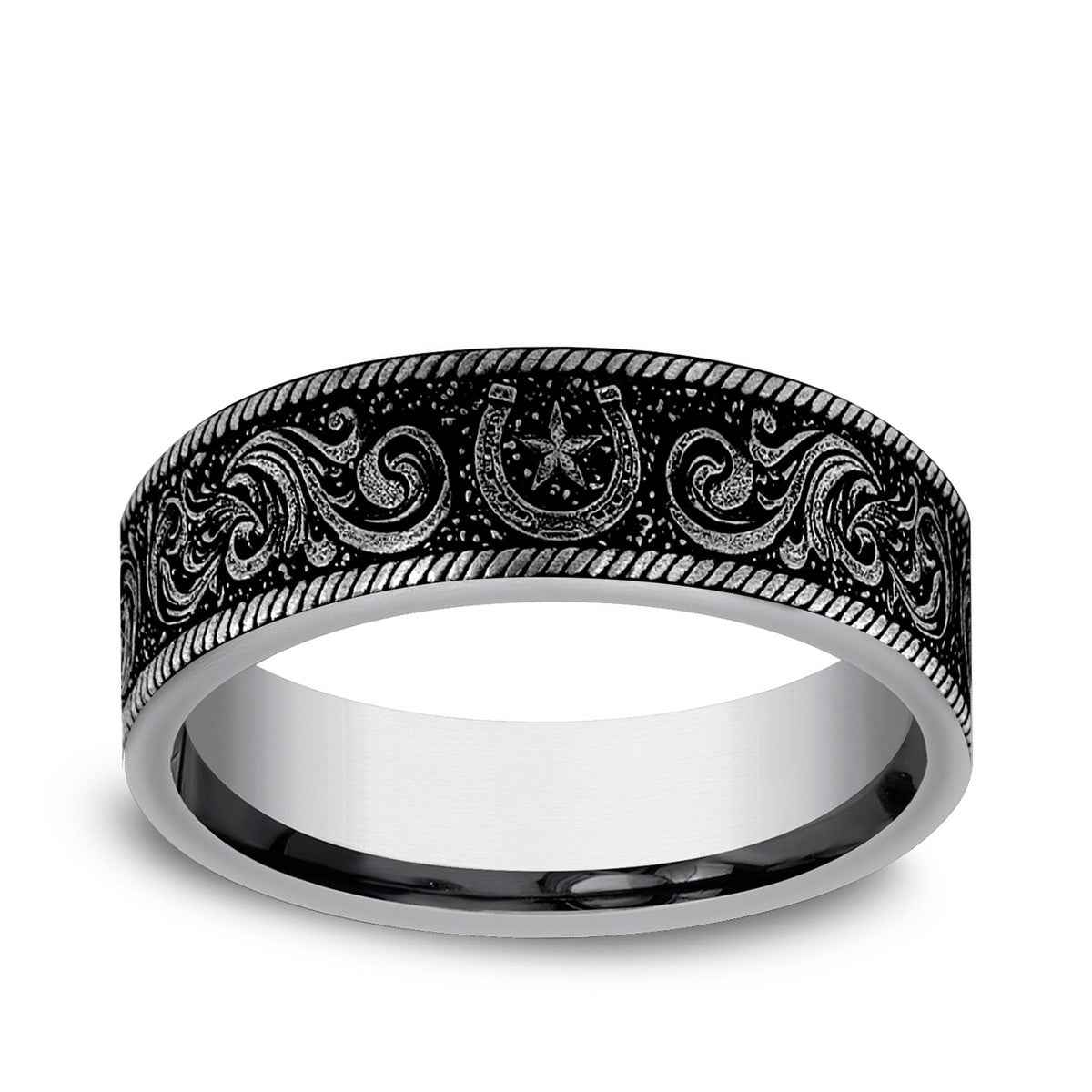 Benchmark Men's 7mm Horseshoe Script Wedding Ring in Tungsten