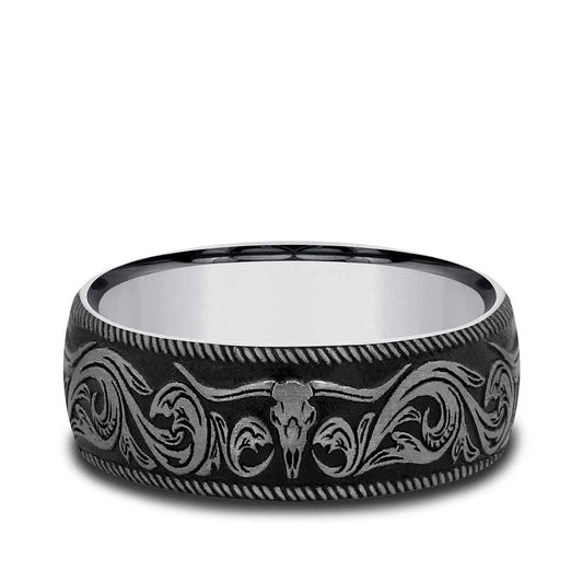 Benchmark Men's 8mm Longhorn Script Wedding Ring in Tungsten
