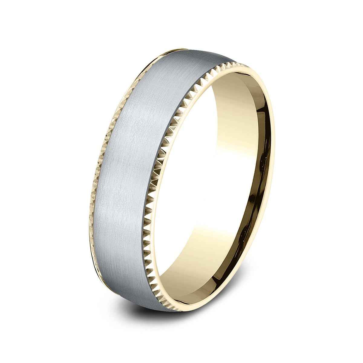 Benchmark Men's 6.5mm Gear Cut Edge Satin Finish Wedding Ring in 14K Yellow & White Gold