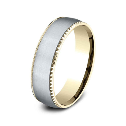 Benchmark Men's 6.5mm Gear Cut Edge Satin Finish Wedding Ring in 14K Yellow & White Gold