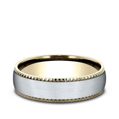 Benchmark Men's 6.5mm Gear Cut Edge Satin Finish Wedding Ring in 14K Yellow & White Gold