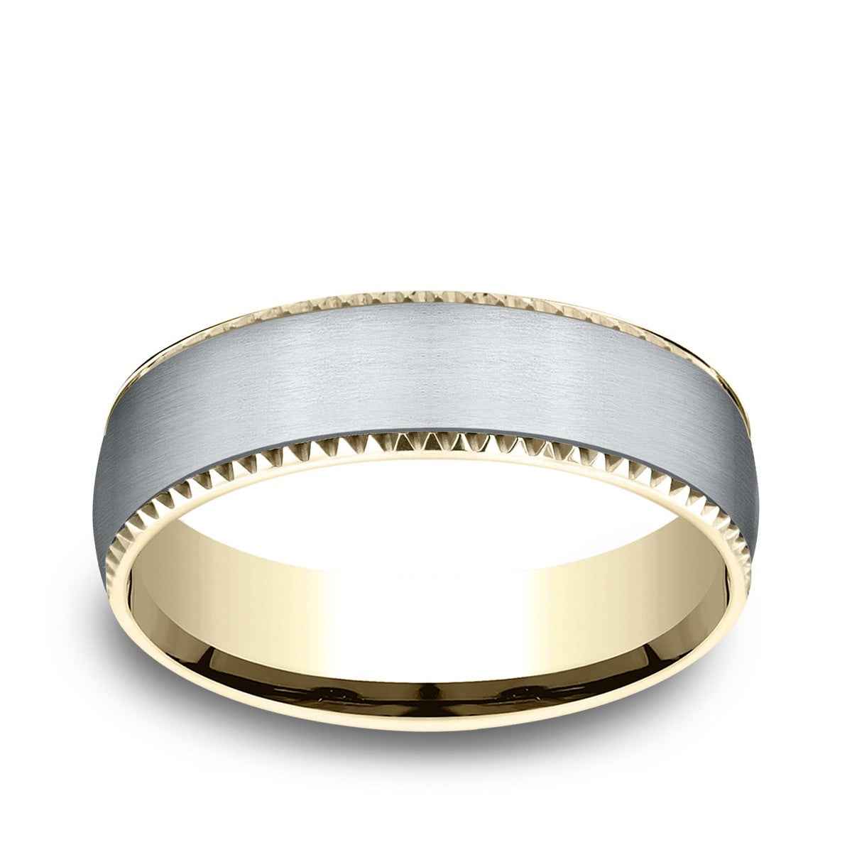 Benchmark Men's 6.5mm Gear Cut Edge Satin Finish Wedding Ring in 14K Yellow & White Gold