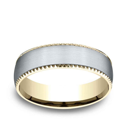 Benchmark Men's 6.5mm Gear Cut Edge Satin Finish Wedding Ring in 14K Yellow & White Gold