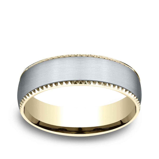 Benchmark Men's 6.5mm Gear Cut Edge Satin Finish Wedding Ring in 14K Yellow & White Gold