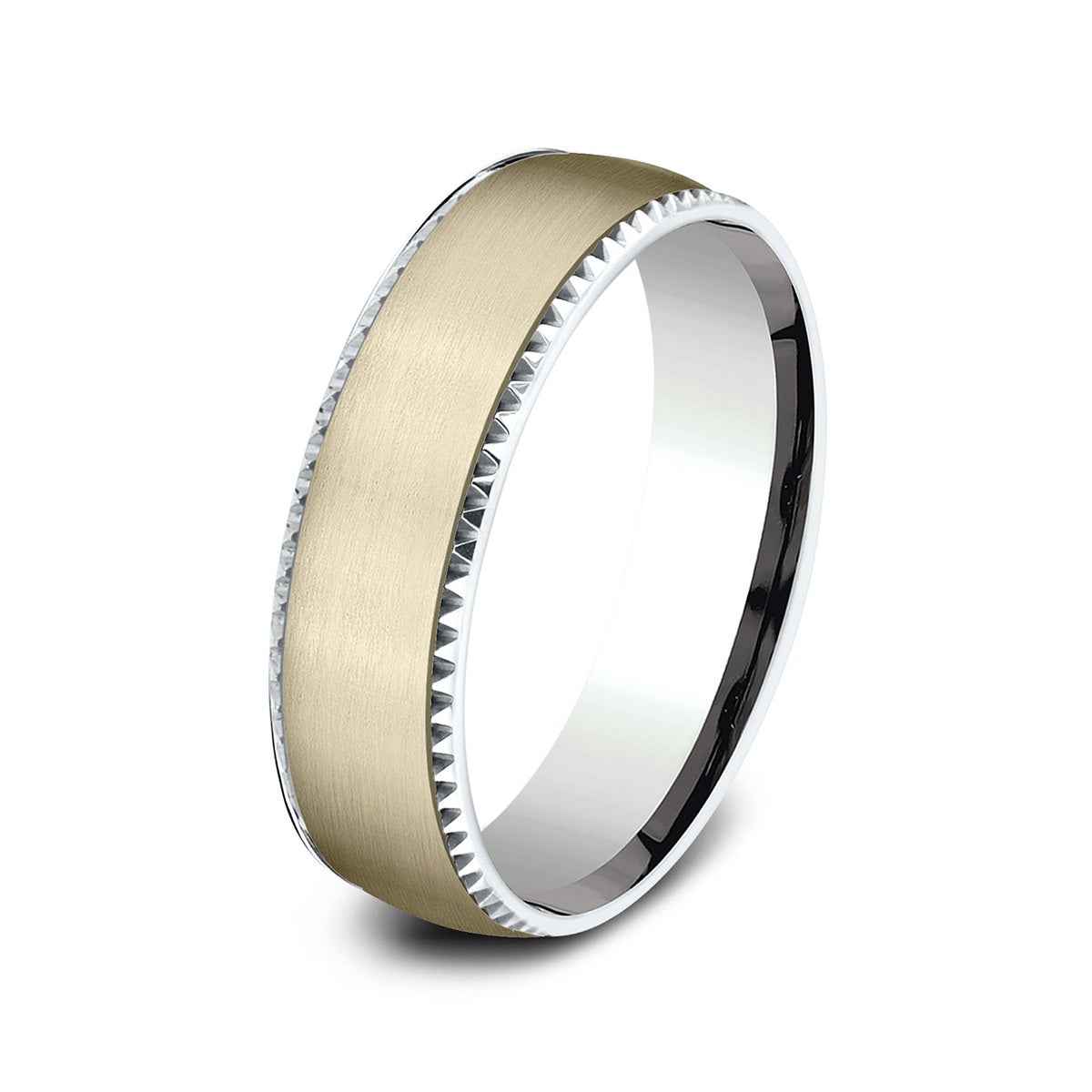 Benchmark Men's 6.5mm Gear Cut Edge Satin Finish Wedding Ring in 14K White & Yellow Gold