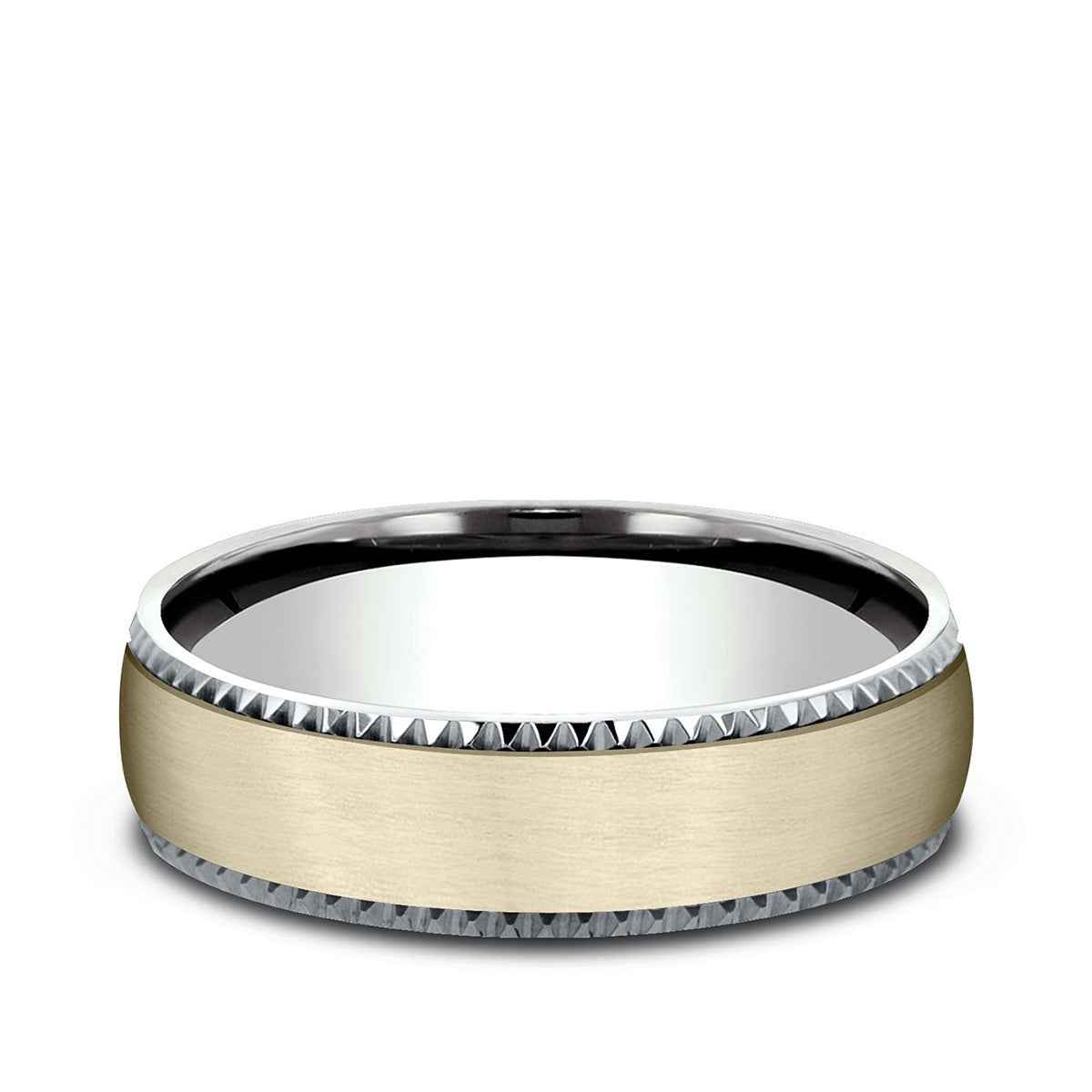 Benchmark Men's 6.5mm Gear Cut Edge Satin Finish Wedding Ring in 14K White & Yellow Gold