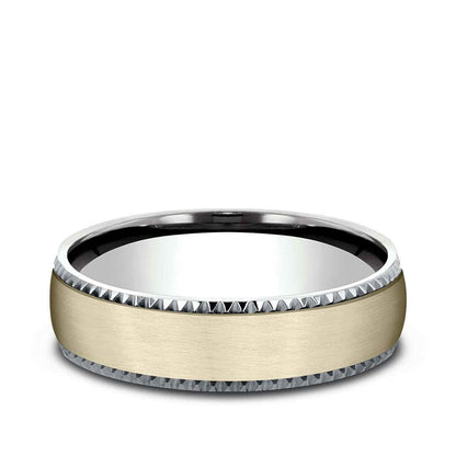 Benchmark Men's 6.5mm Gear Cut Edge Satin Finish Wedding Ring in 14K White & Yellow Gold