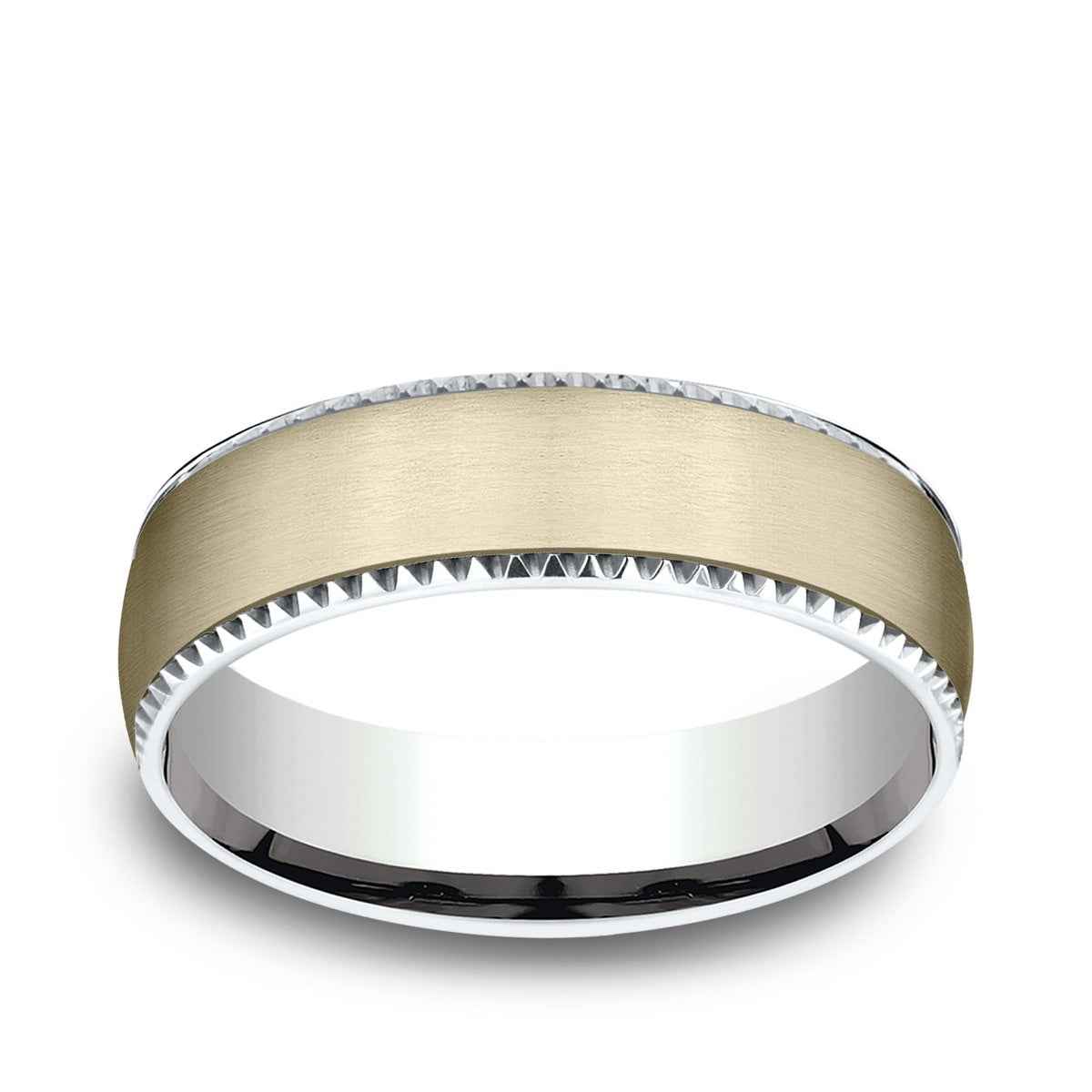 Benchmark Men's 6.5mm Gear Cut Edge Satin Finish Wedding Ring in 14K White & Yellow Gold