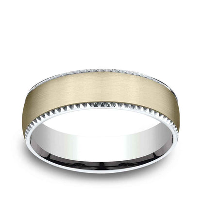 Benchmark Men's 6.5mm Gear Cut Edge Satin Finish Wedding Ring in 14K White & Yellow Gold