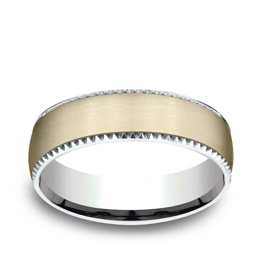 Benchmark Men's 6.5mm Gear Cut Edge Satin Finish Wedding Ring in 14K White & Yellow Gold