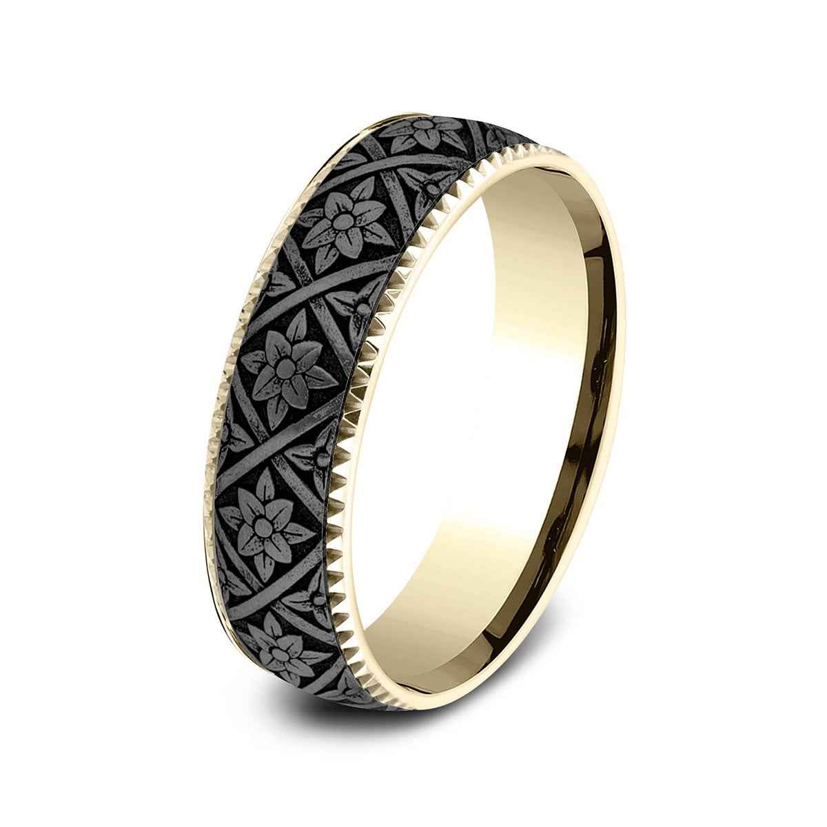 Benchmark Men's 6.5mm Gear Edge Floral Weave Wedding Ring in 14K Yellow Gold & Grey Tantalum