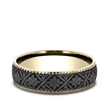 Benchmark Men's 6.5mm Gear Edge Floral Weave Wedding Ring in 14K Yellow Gold & Grey Tantalum