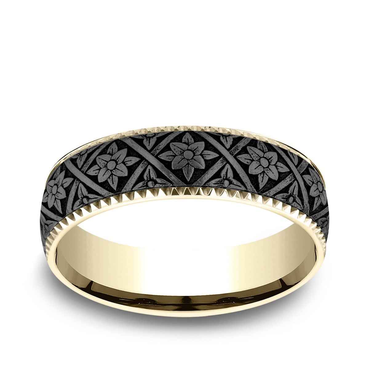 Benchmark Men's 6.5mm Gear Edge Floral Weave Wedding Ring in 14K Yellow Gold & Grey Tantalum