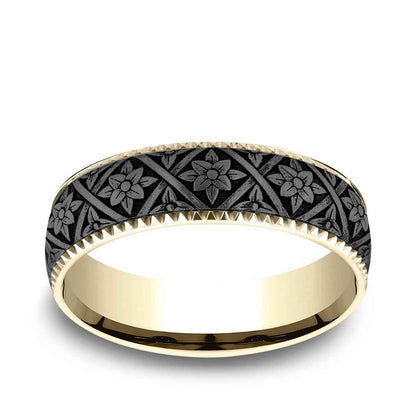 Benchmark Men's 6.5mm Gear Edge Floral Weave Wedding Ring in 14K Yellow Gold & Grey Tantalum