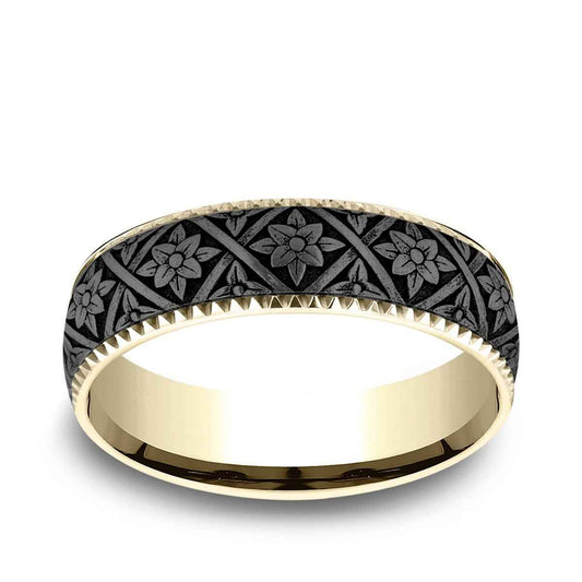 Benchmark Men's 6.5mm Gear Edge Floral Weave Wedding Ring in 14K Yellow Gold & Grey Tantalum