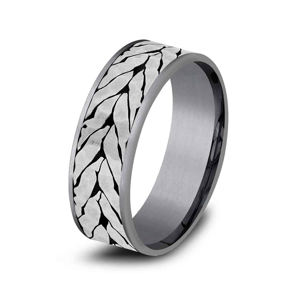 Benchmark Men's 7.5mm Hammered Chevron Wedding Ring in Grey Tantalum & Black Titanium