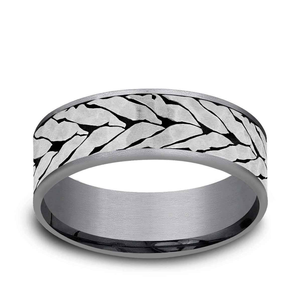 Benchmark Men's 7.5mm Hammered Chevron Wedding Ring in Grey Tantalum & Black Titanium