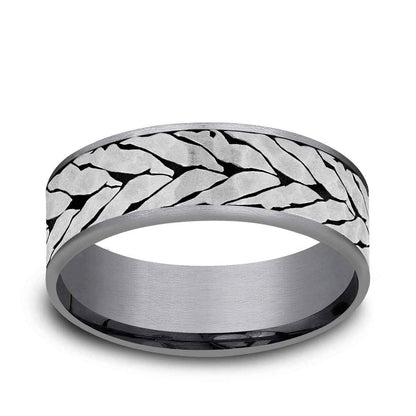 Benchmark Men's 7.5mm Hammered Chevron Wedding Ring in Grey Tantalum & Black Titanium