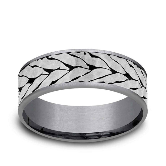 Benchmark Men's 7.5mm Hammered Chevron Wedding Ring in Grey Tantalum & Black Titanium
