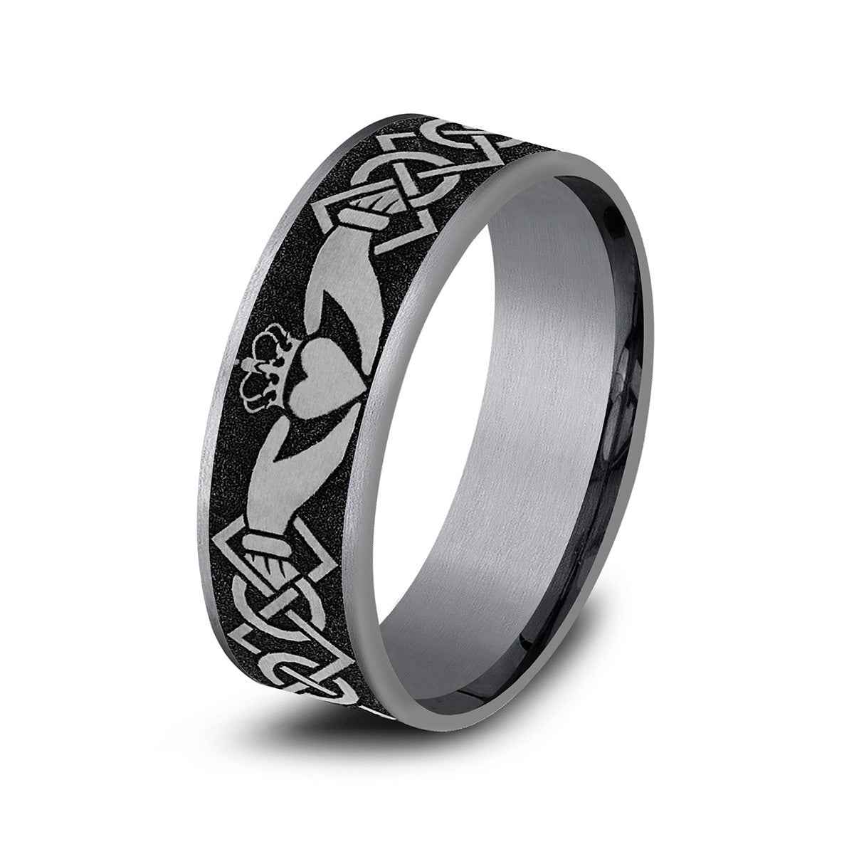 Benchmark Men's 7.5mm Claddagh Wedding Ring in Grey Tantalum & Black Titanium