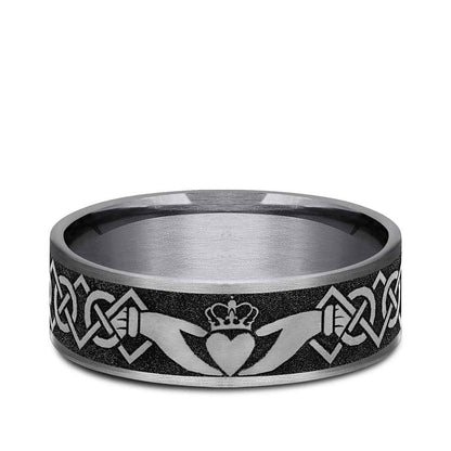 Benchmark Men's 7.5mm Claddagh Wedding Ring in Grey Tantalum & Black Titanium