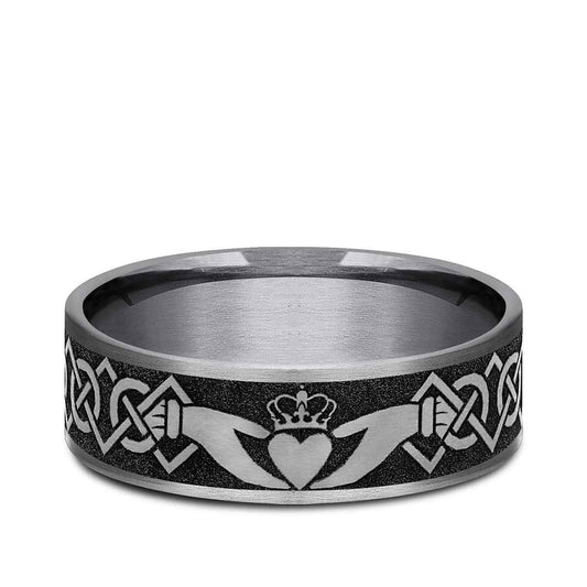 Benchmark Men's 7.5mm Claddagh Wedding Ring in Grey Tantalum & Black Titanium